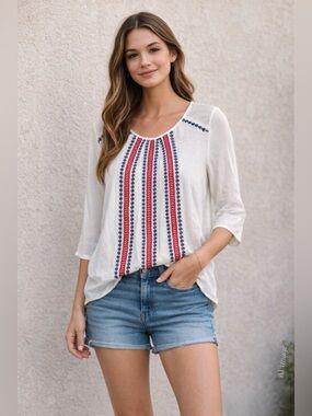 THML Anthropologie Embroidered Top L Boho Red Navy Stripe Lightweight